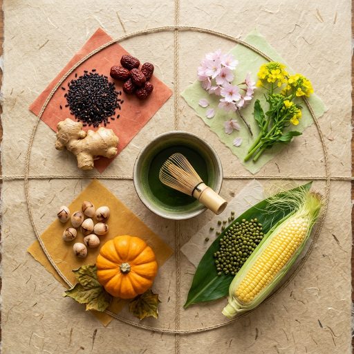 四季の薬膳食材—黒ごま・なつめ・しょうが・桜・ハス・かぼちゃ・とうもろこし・抹茶