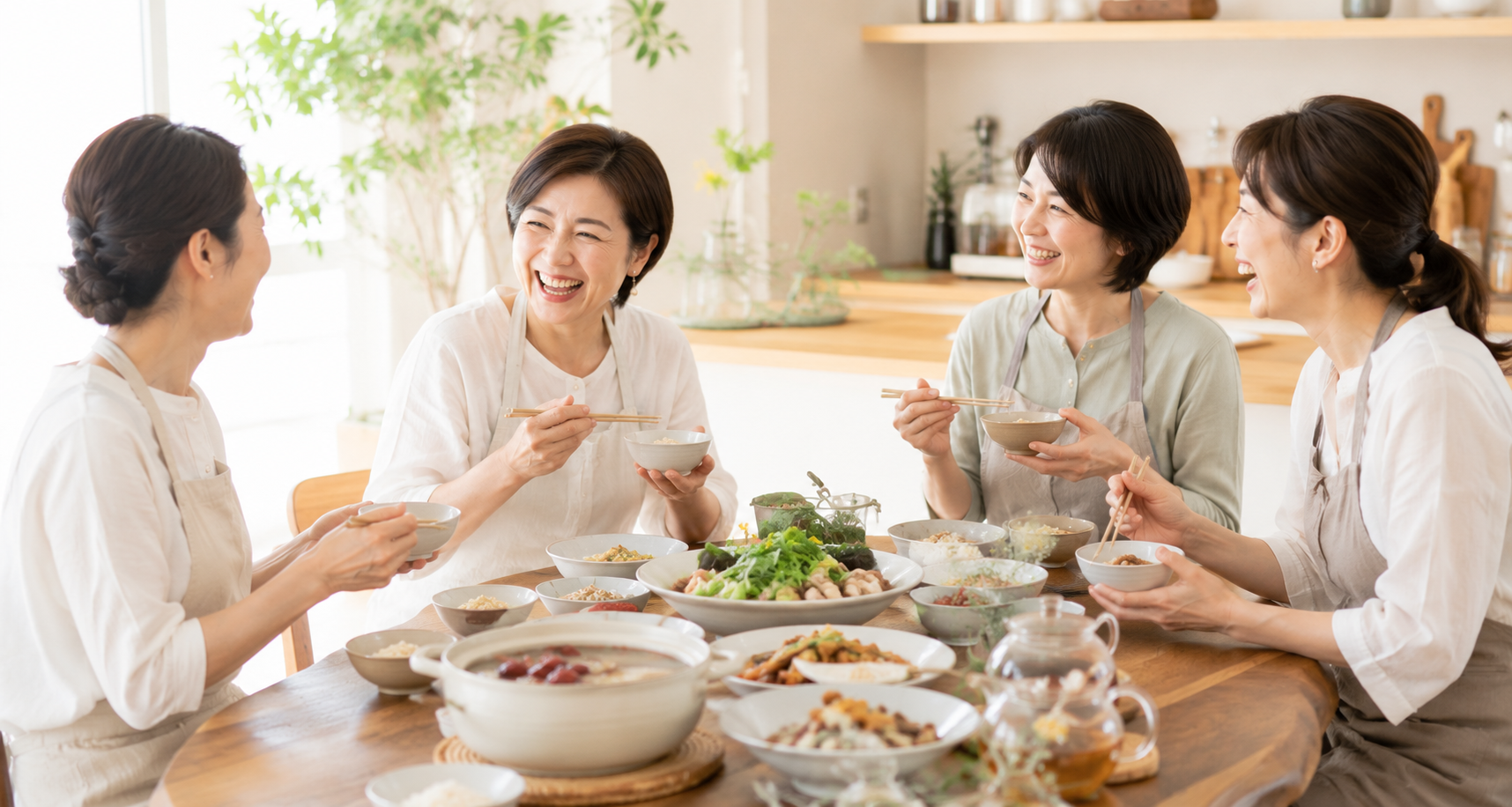 薬膳料理を囲み笑顔で試食する受講生たち